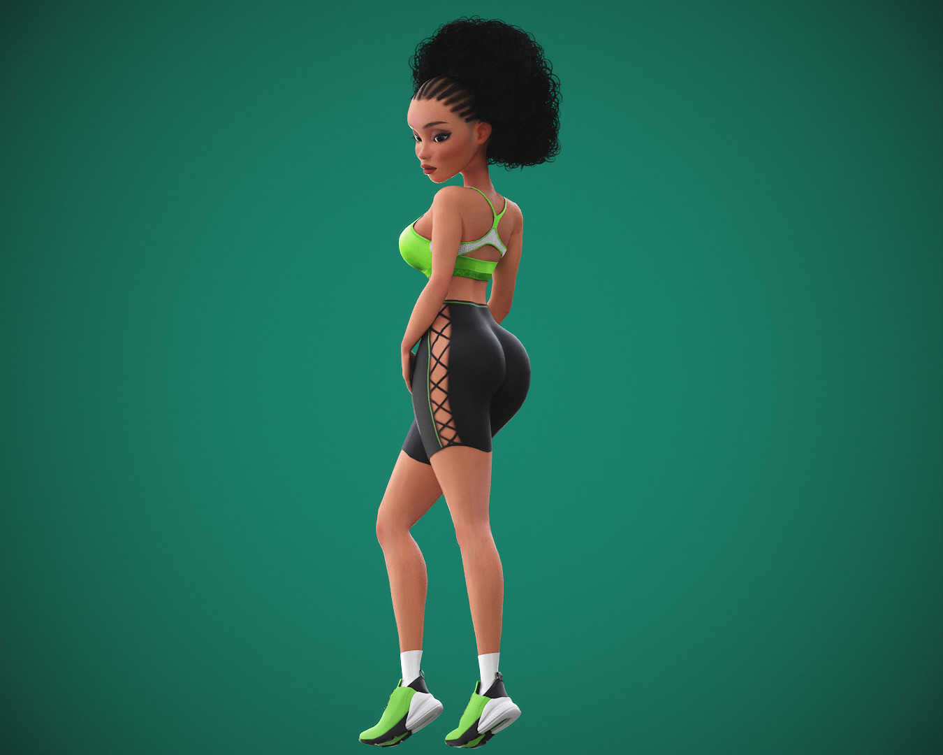 Game Cartoon Black Fitness Girl Character rigged Low-poly 3D model_16