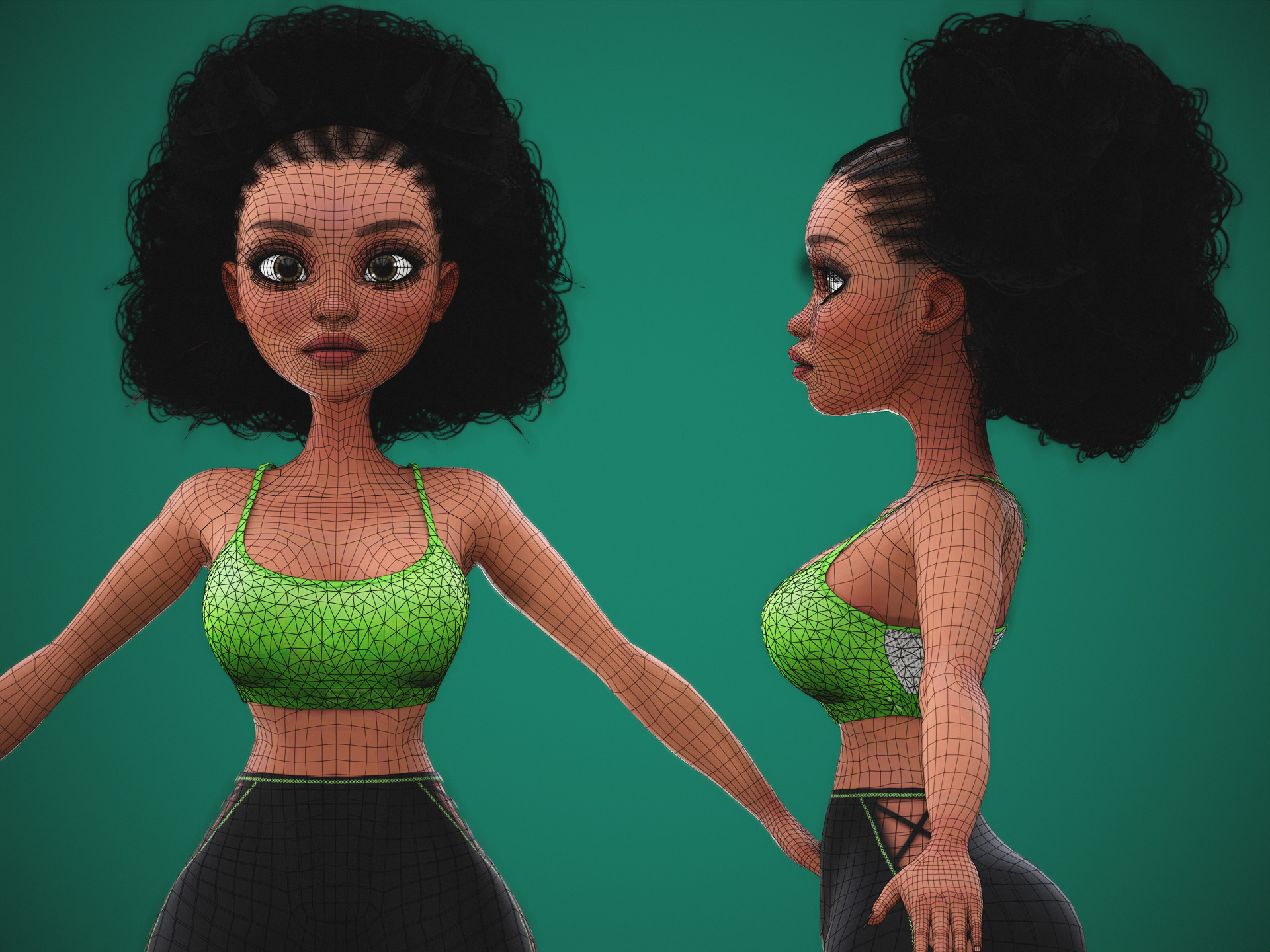 Game Cartoon Black Fitness Girl Character rigged Low-poly 3D model_10