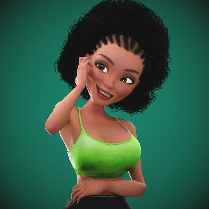 Game Cartoon Black Fitness Girl Character rigged Low-poly 3D model_26