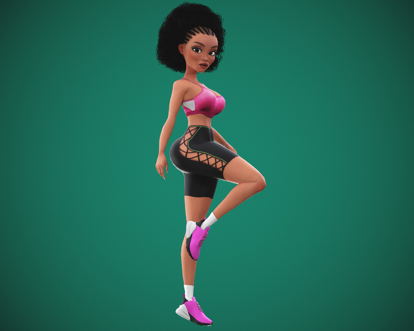 Game Cartoon Black Fitness Girl Character rigged Low-poly 3D model_18