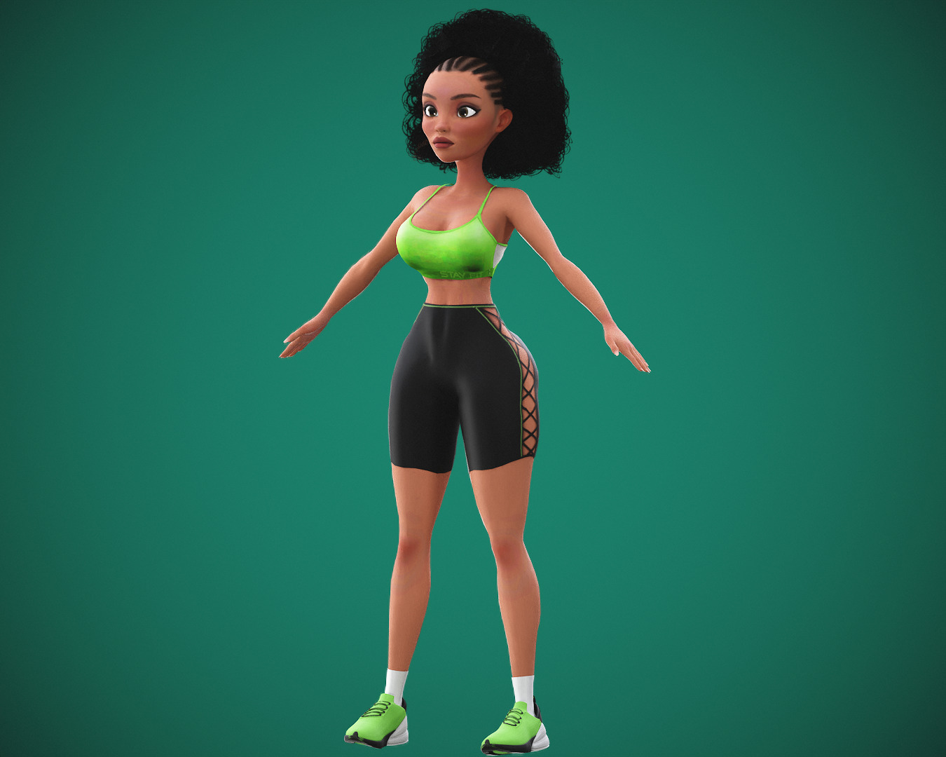 Game Cartoon Black Fitness Girl Character rigged Low-poly 3D model_13
