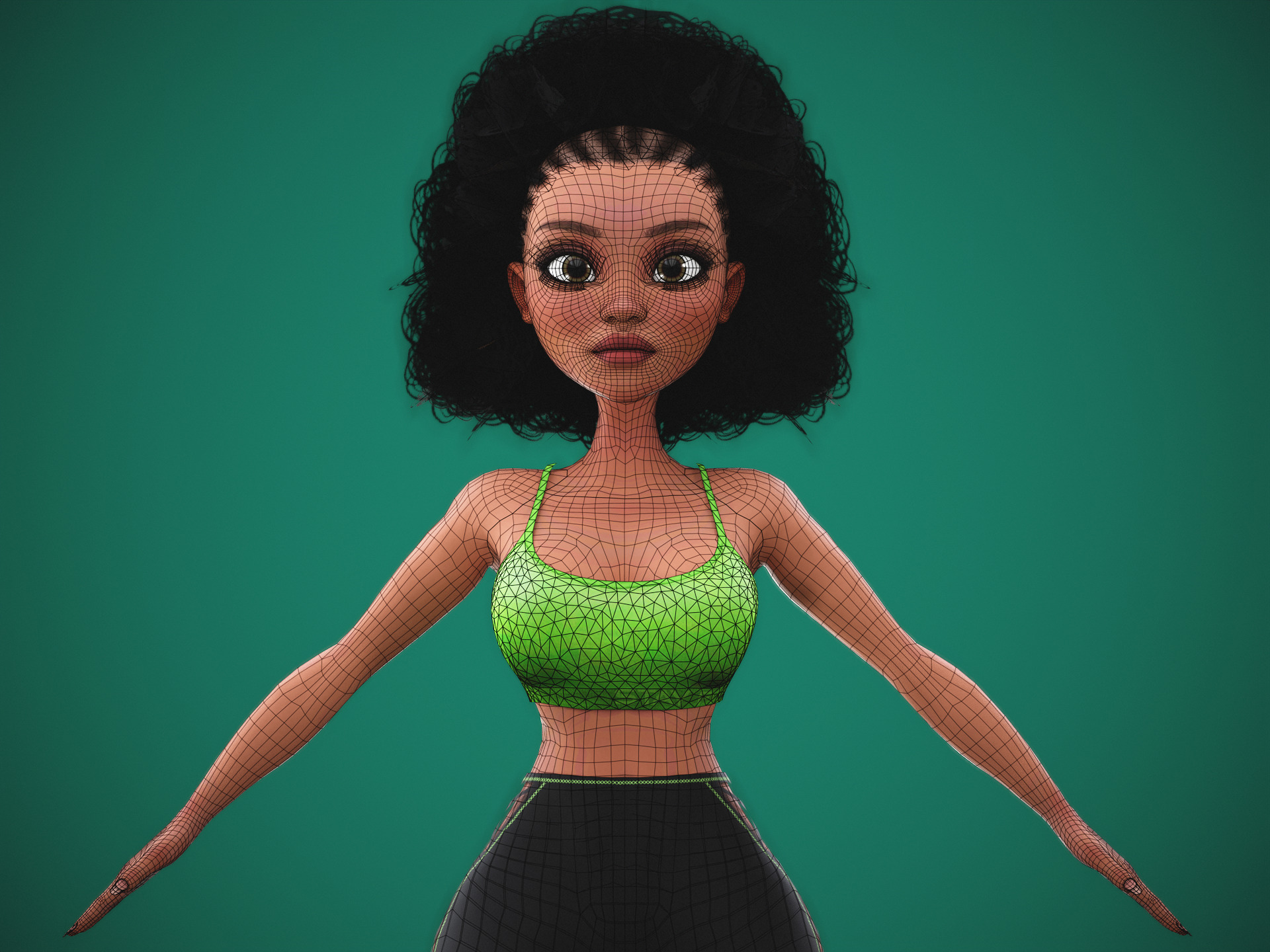 Game Cartoon Black Fitness Girl Character rigged Low-poly 3D model_9