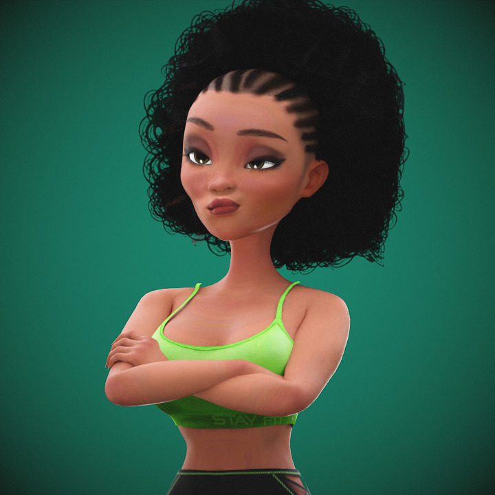 Game Cartoon Black Fitness Girl Character rigged Low-poly 3D model_28