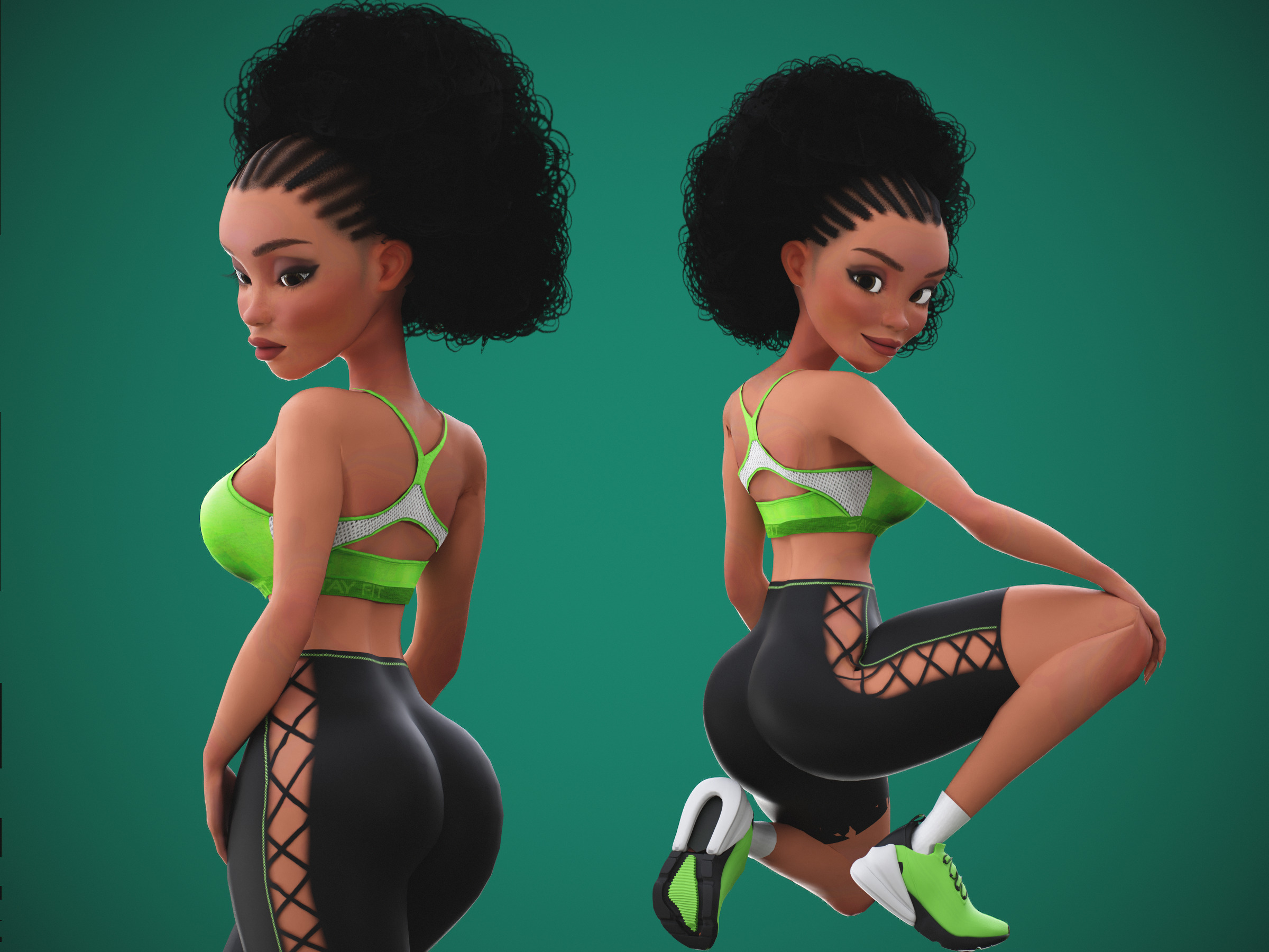 Game Cartoon Black Fitness Girl Character rigged Low-poly 3D model_2