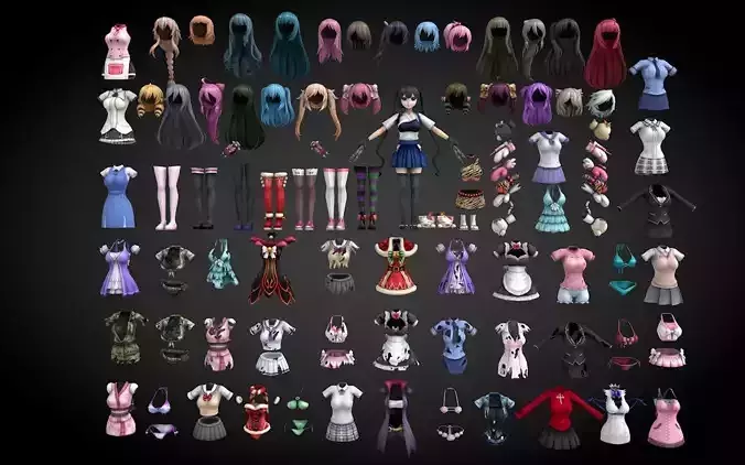 Many Cartoon Cloth and girl and hair with Texture Low-poly model