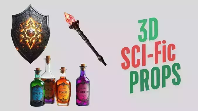 Pack of SciFi  Fantasy Props Emblems Shields Potions High Poly  Free 3D model