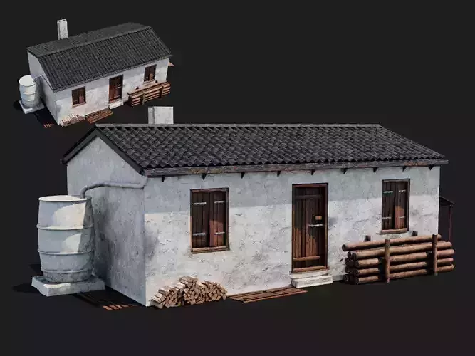 Rural Farm Ranch House Cottage Building With Water Tank 3D Prop