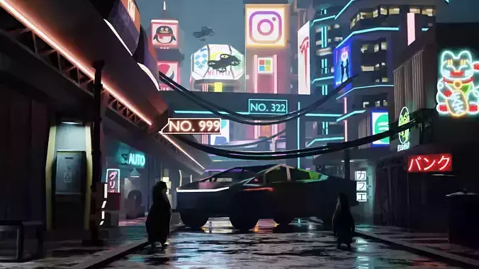 FREE Fantastical Cyberpunk City with Cybertruck Free 3D model