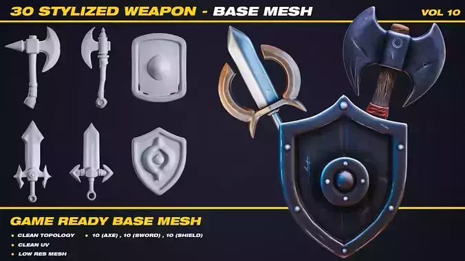 30 Stylized Weapon Base Mesh - VOL 10 - Game Ready 