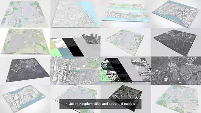 4 United Kingdom cities and airport 3D Model Collection
