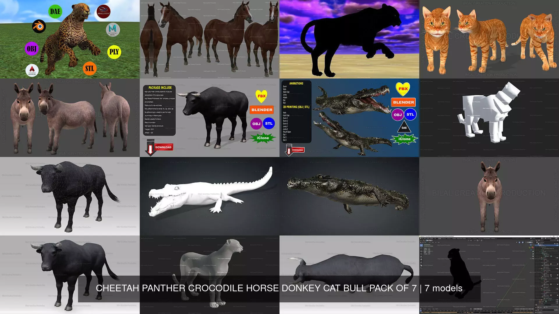 7 PACK OF CHEETAH PANTHER CROCODILE HORSE DONKEY CAT BULL 3D Model Collection_0