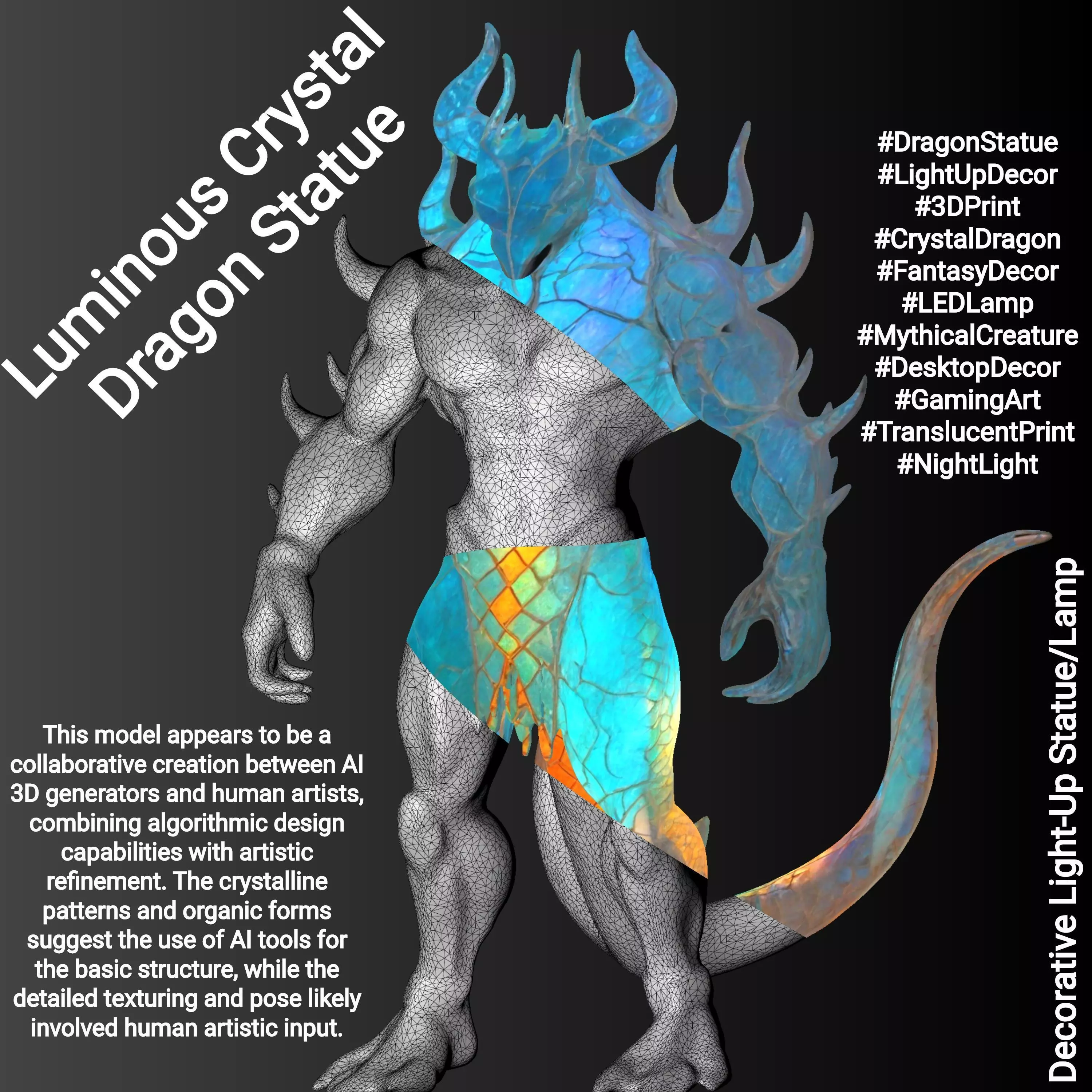 Luminous Crystal Dragon Statue 3D print model_0