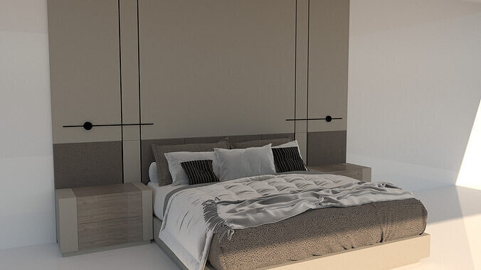 Modern Luxury Bed with Wall Headboard  Floating Nightstands 3D model