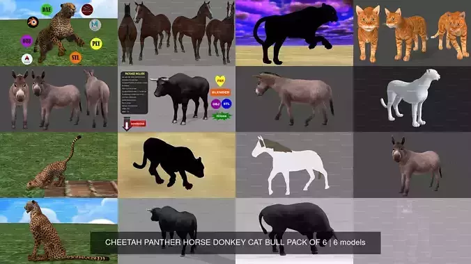 6 PACK OF CHEETAH PANTHER HORSE DONKEY CAT BULL 3D Model Collection