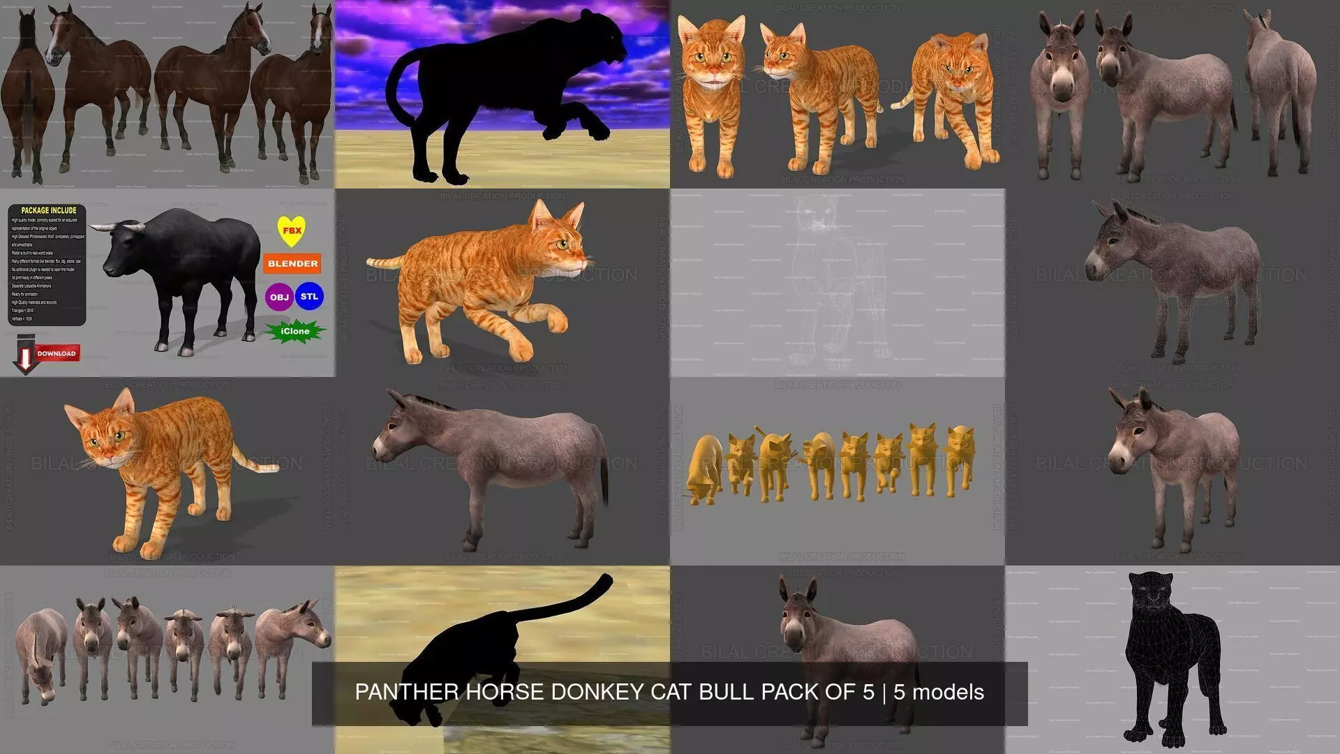 5 PACK OF PANTHER HORSE DONKEY CAT BULL 3D Model Collection_0