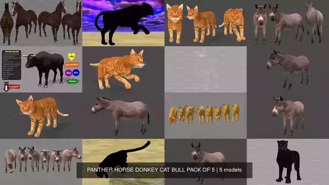 5 PACK OF PANTHER HORSE DONKEY CAT BULL 3D Model Collection