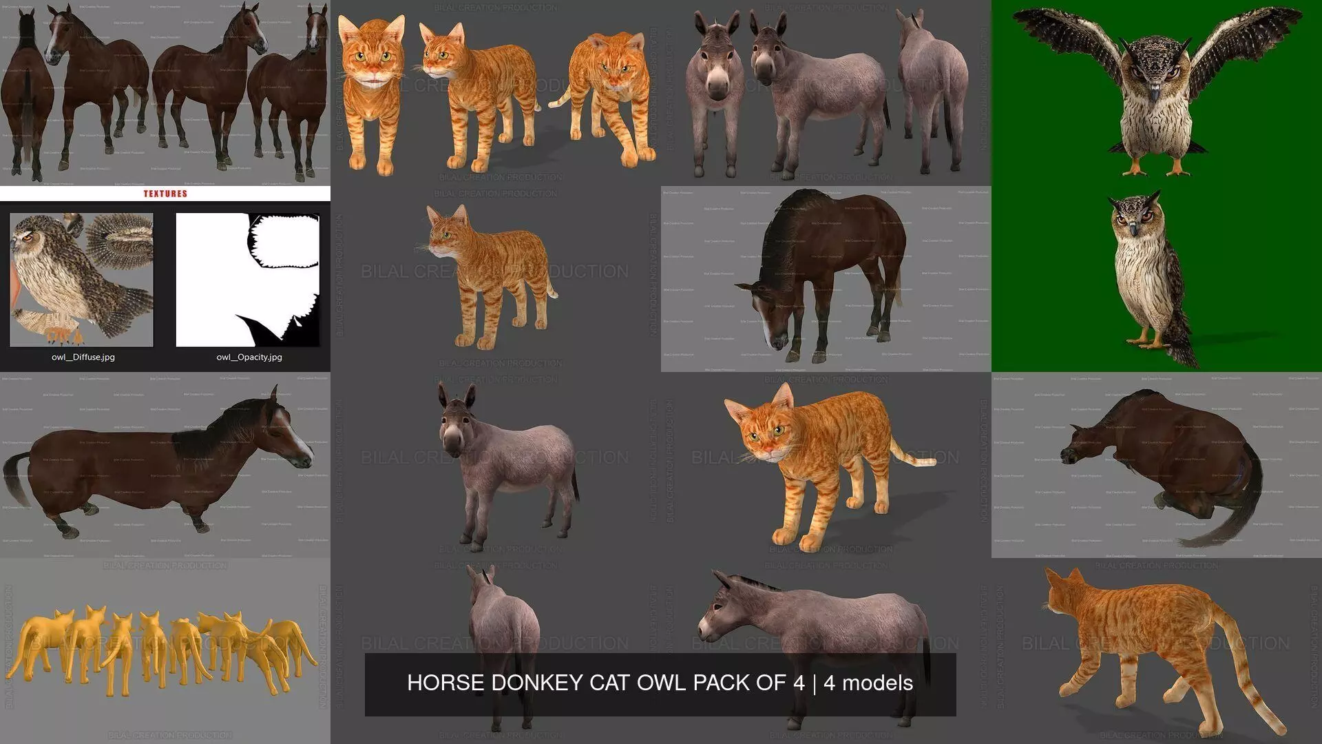 4 PACK OF HORSE DONKEY CAT OWL 3D Model Collection_0