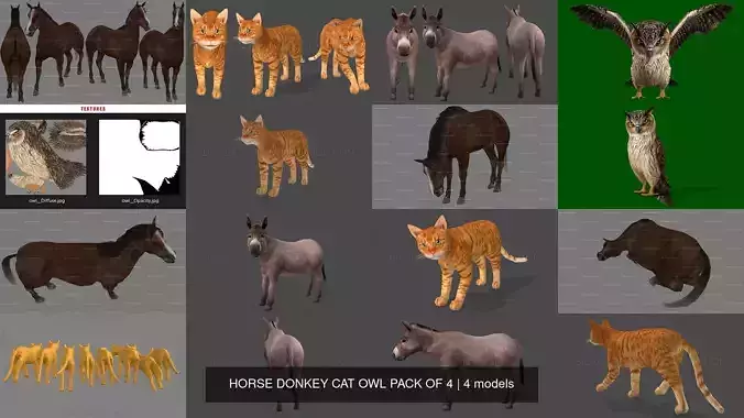 4 PACK OF HORSE DONKEY CAT OWL 3D Model Collection
