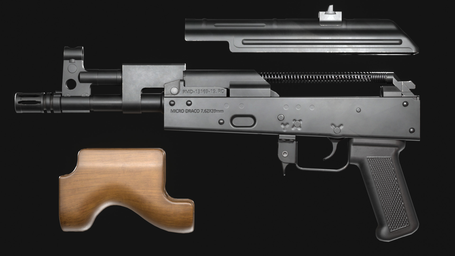 Micro Draco AK Pistol with Shockwave Blade Brace - Game Asset Low-poly 3D model_10