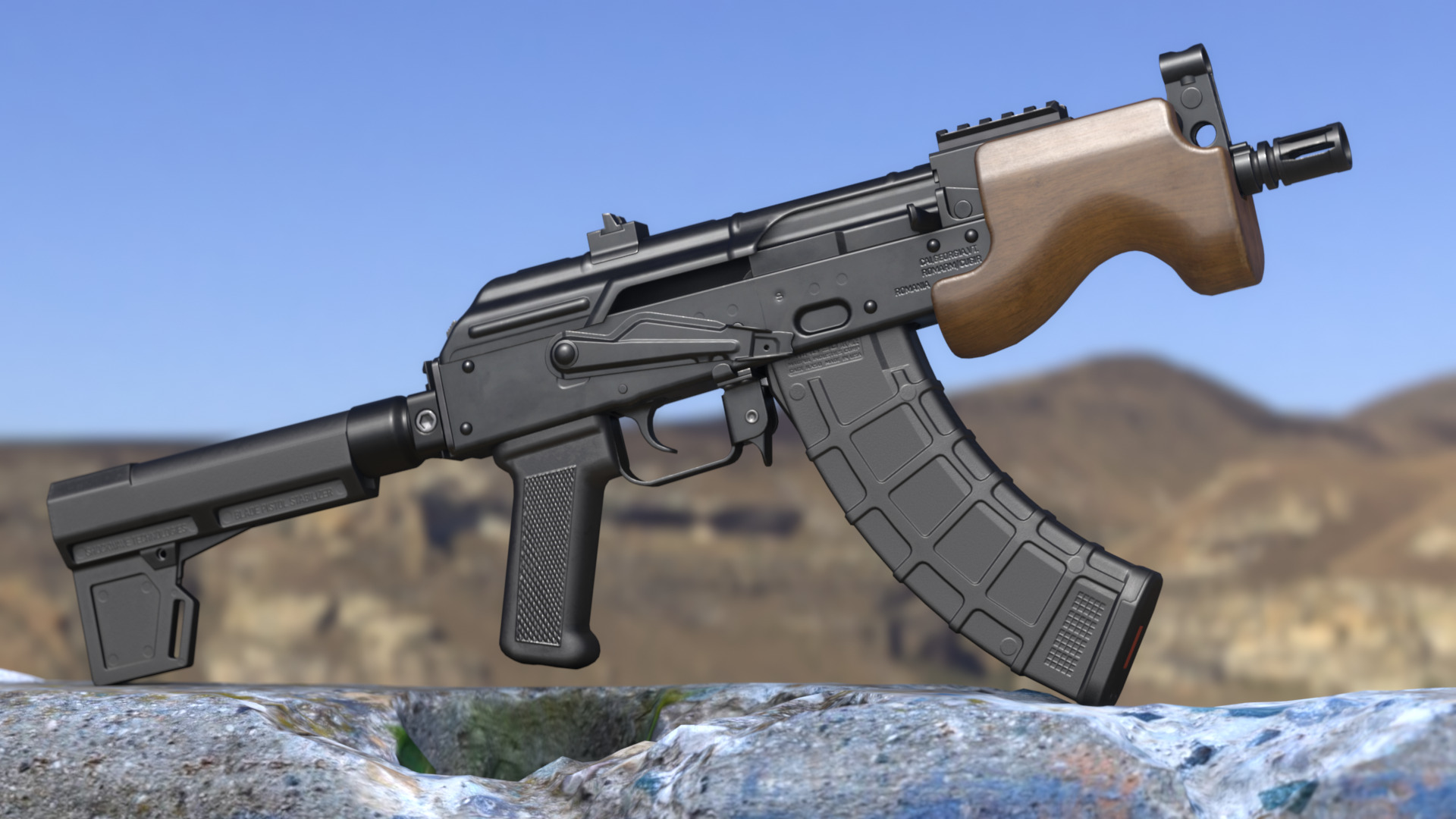 Micro Draco AK Pistol with Shockwave Blade Brace - Game Asset Low-poly 3D model_2