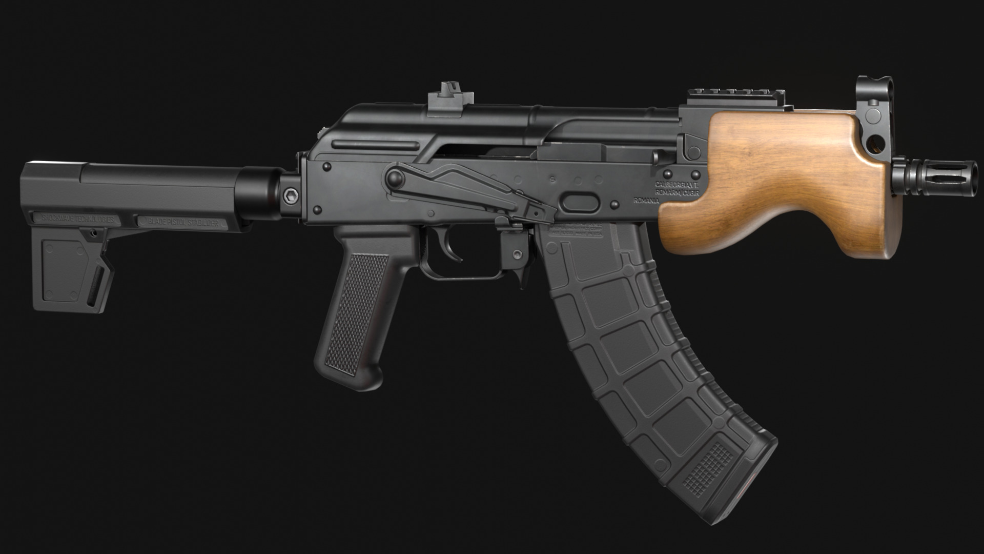 Micro Draco AK Pistol with Shockwave Blade Brace - Game Asset Low-poly 3D model_12