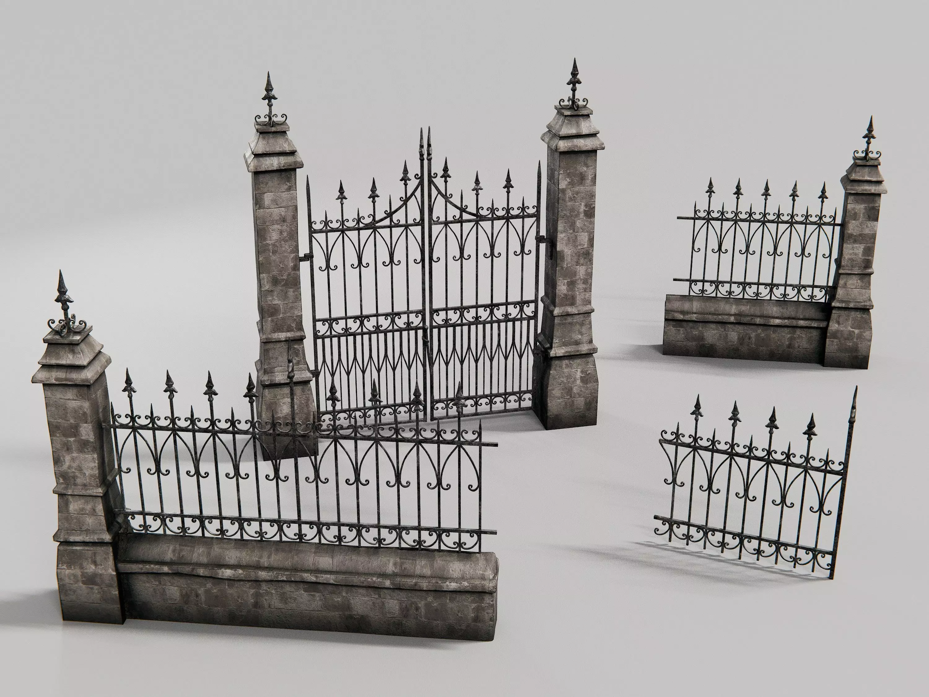 gothic walls - fences- gates - asset pack 3D model_0