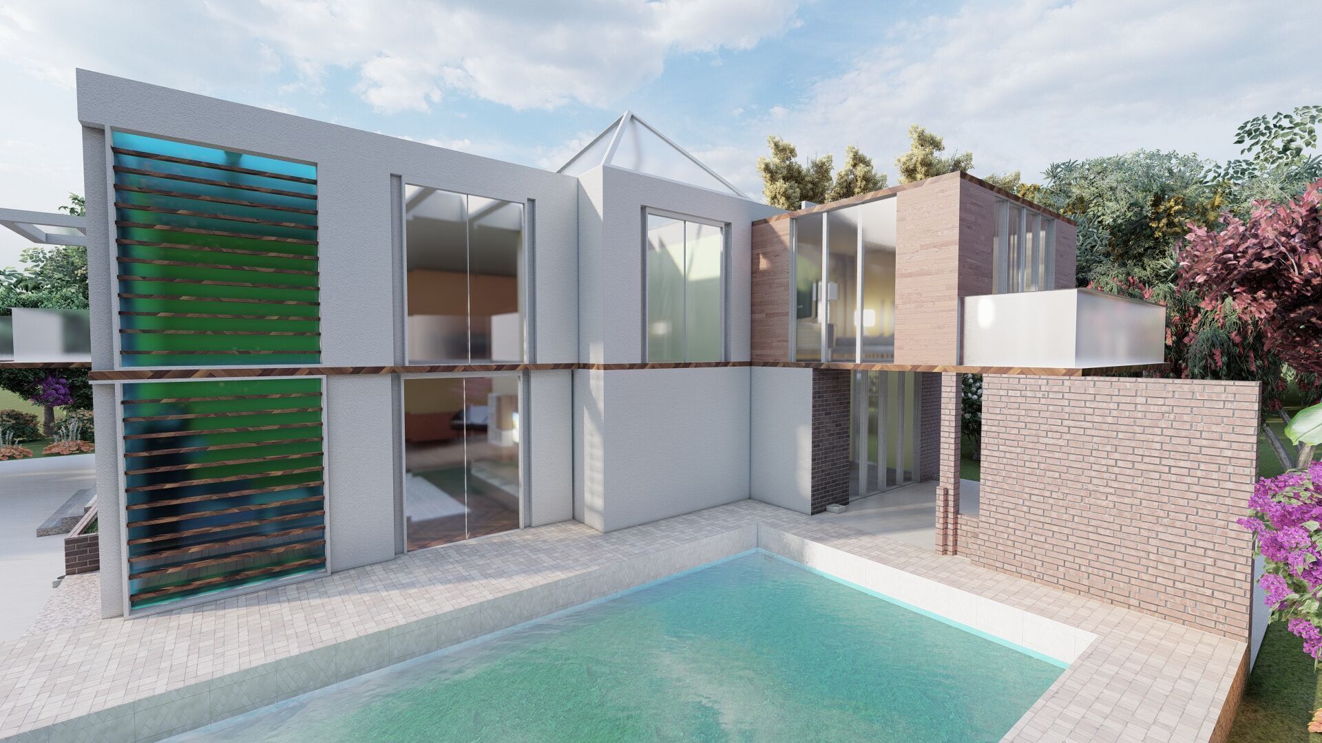 Modern two story house with pool 3D model_1