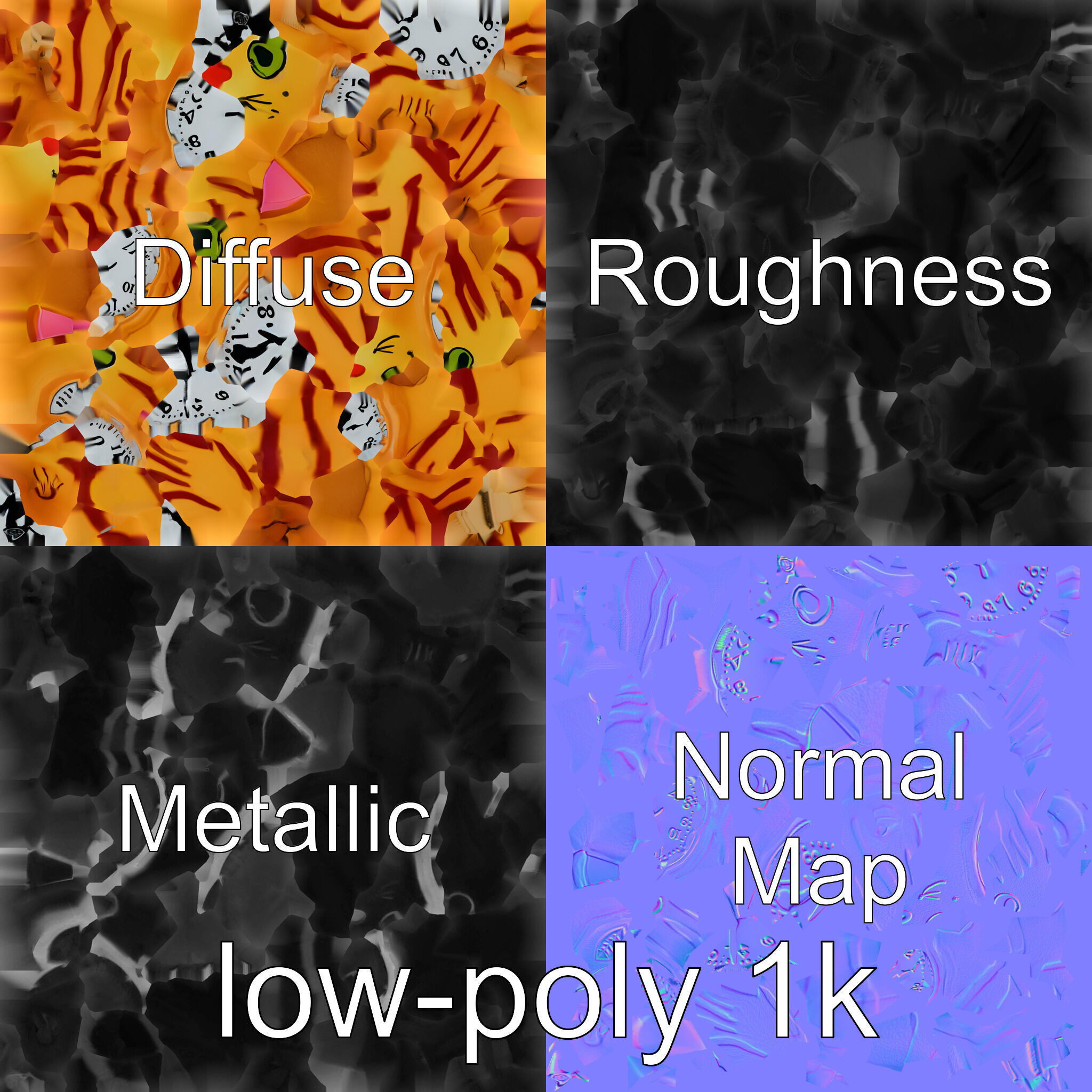 Striped Cat Clock with Swinging Tail as Pendulum Low-poly 3D model_5