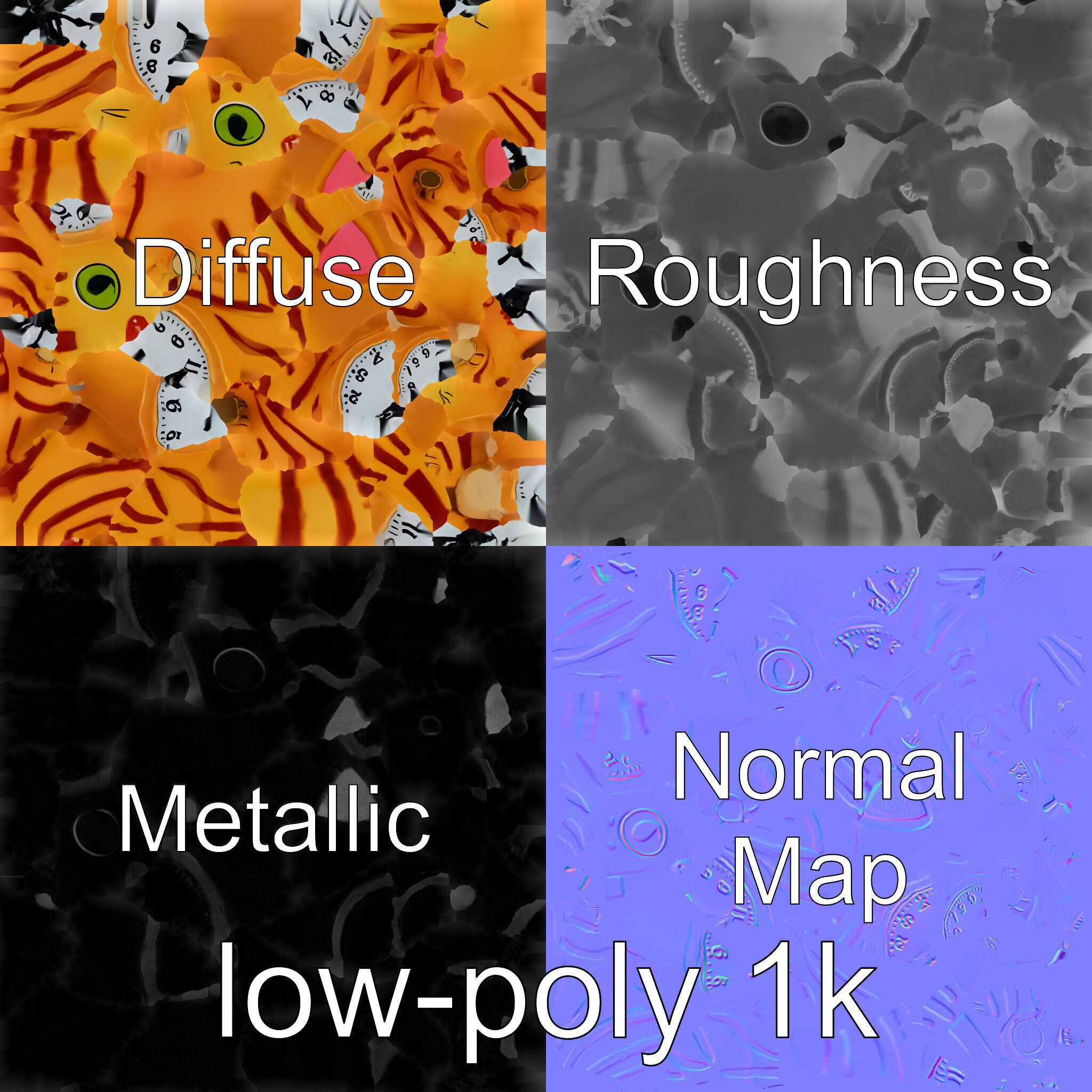 Striped Cat Clock with Swinging Tail as Pendulum Low-poly 3D model_23