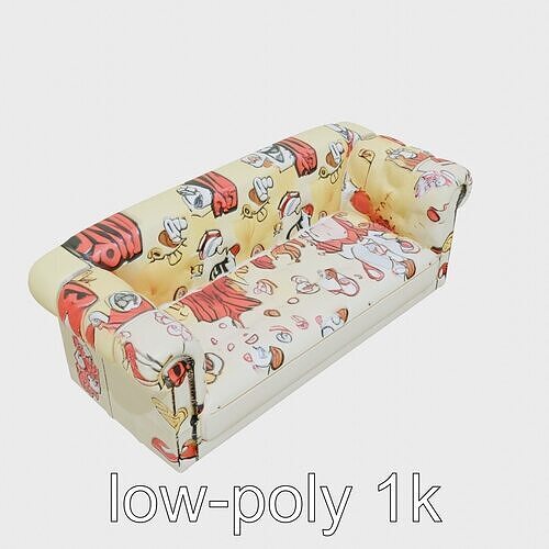 Vibrant Patterned Plush Sofa with Glossy Finish Low-poly 3D model 3