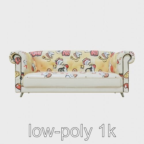 Vibrant Patterned Plush Sofa with Glossy Finish Low-poly 3D model 6