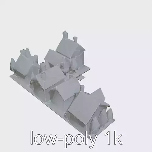Miniature Toy Townhouses with Pink Roofs and Blue Facades