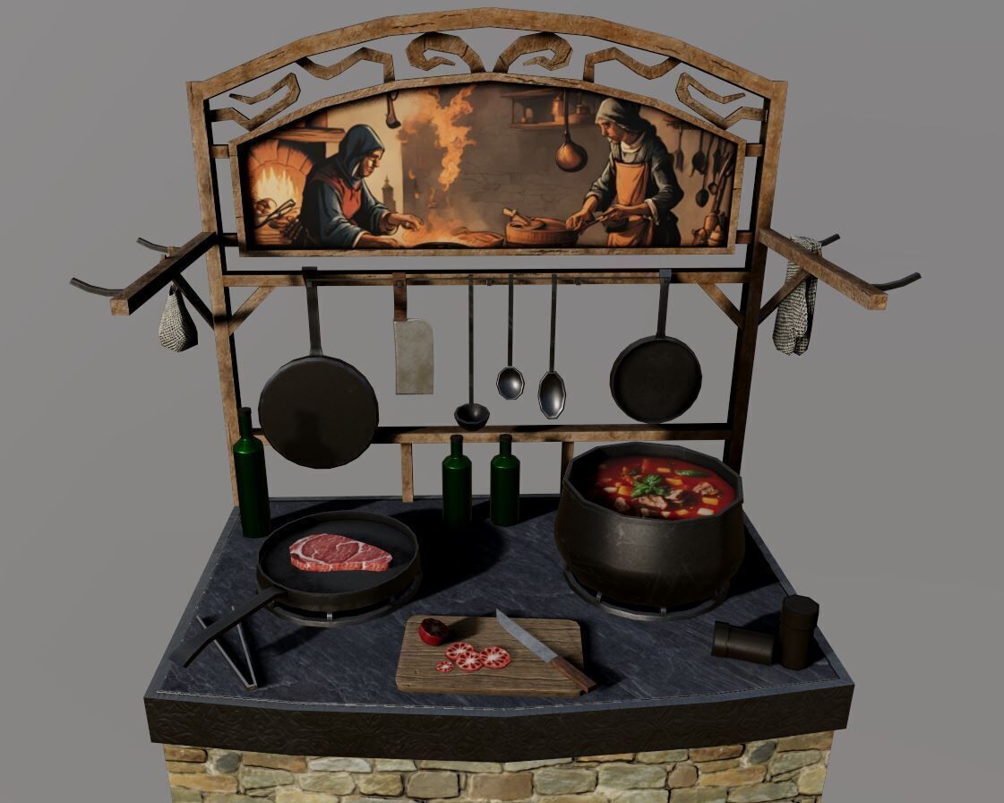 Cooking Table Model Middle Ages Low-poly 3D model_1