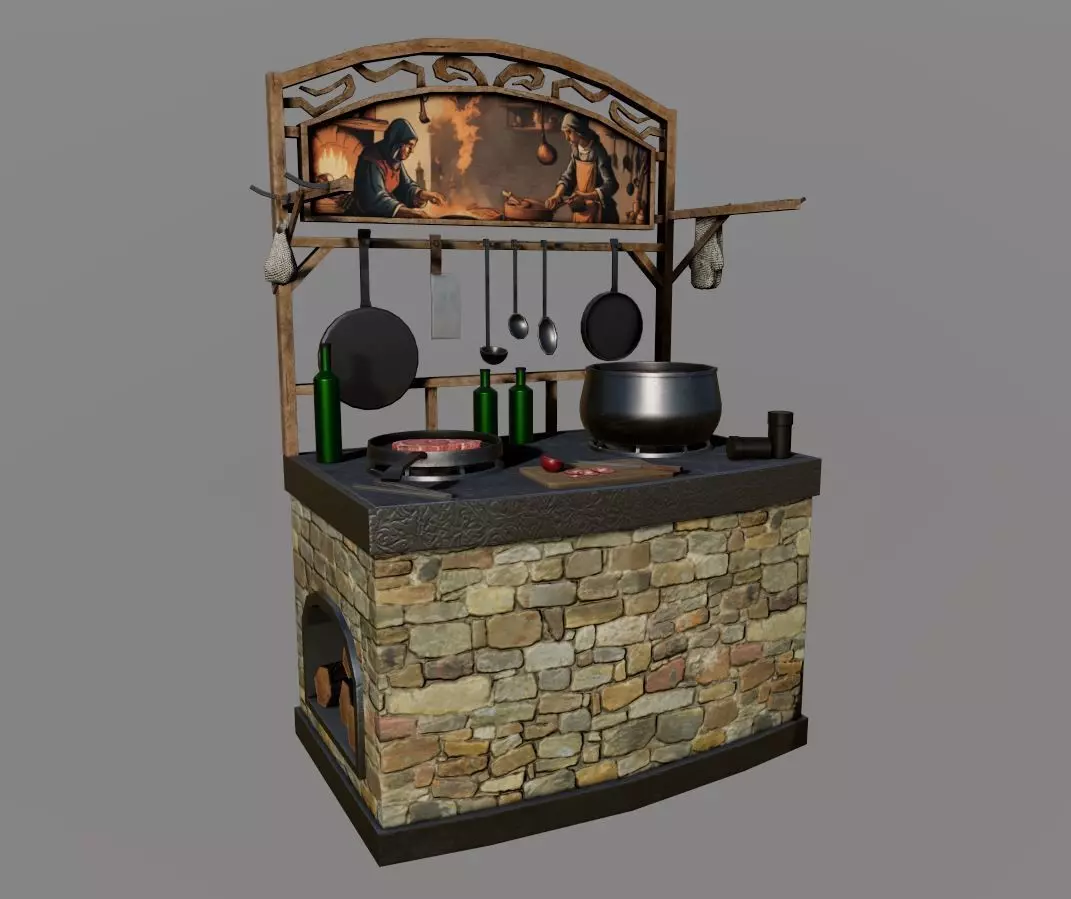 Cooking Table Model Middle Ages Low-poly 3D model_0