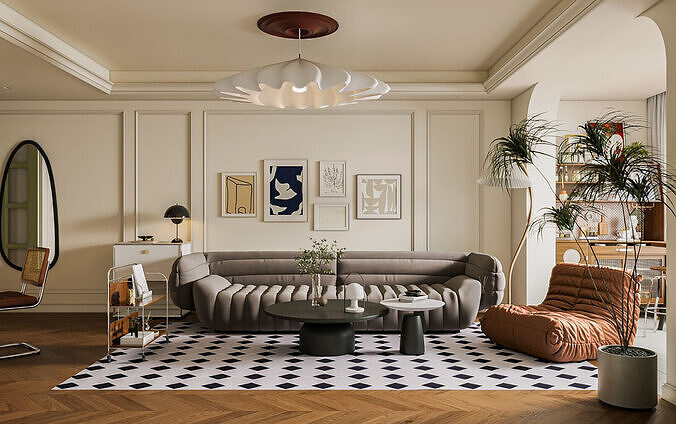 Modern living and dining room 3D model