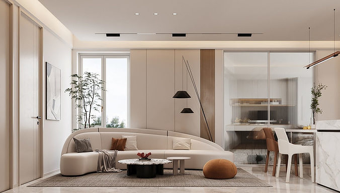 Modern living and dining room 3D model