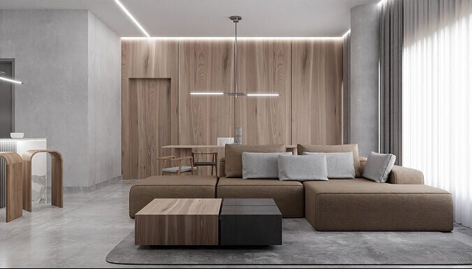 Log style living room scene 3D model 2