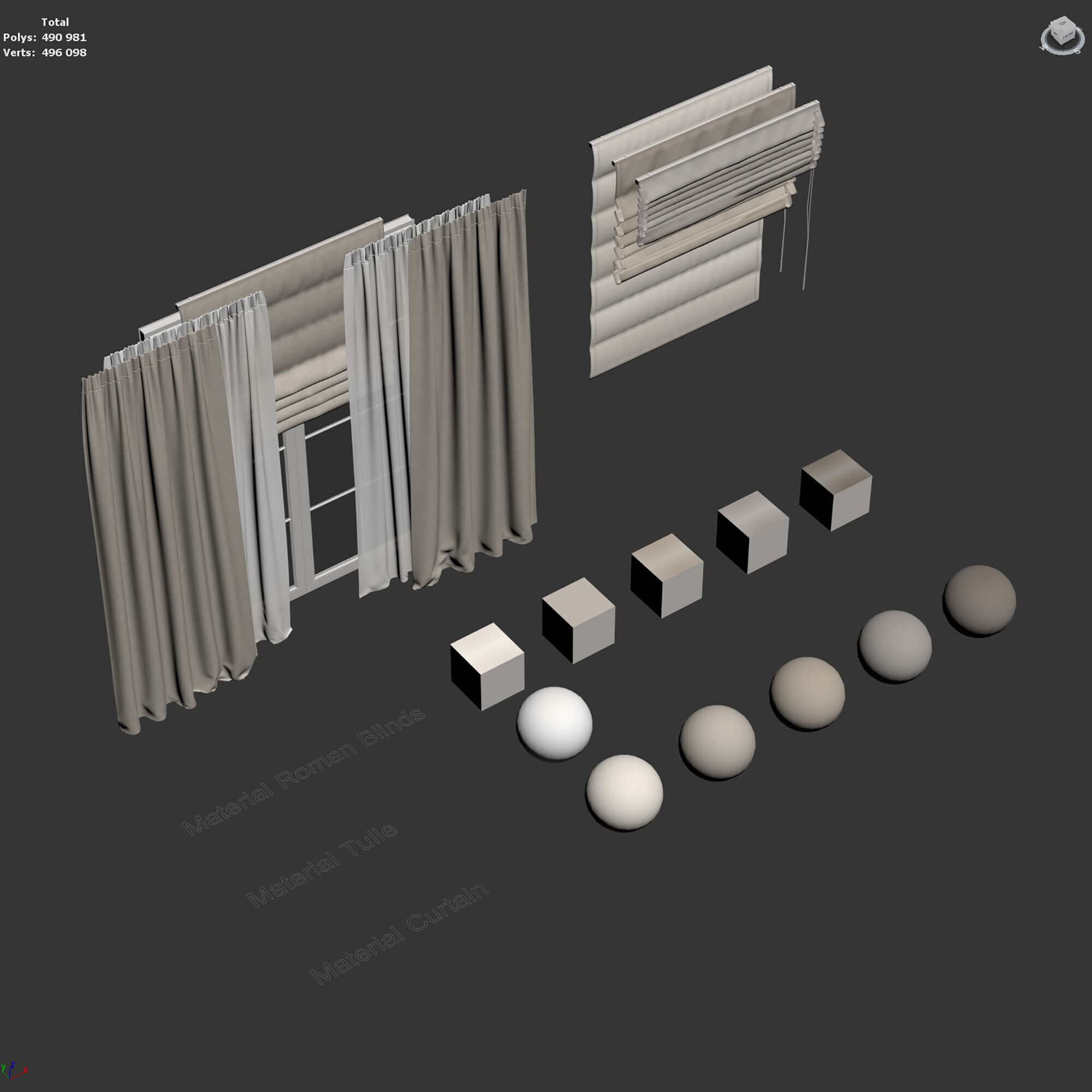 Linen Curtain with Tulle and Roman Blinds set 05 3D model_11