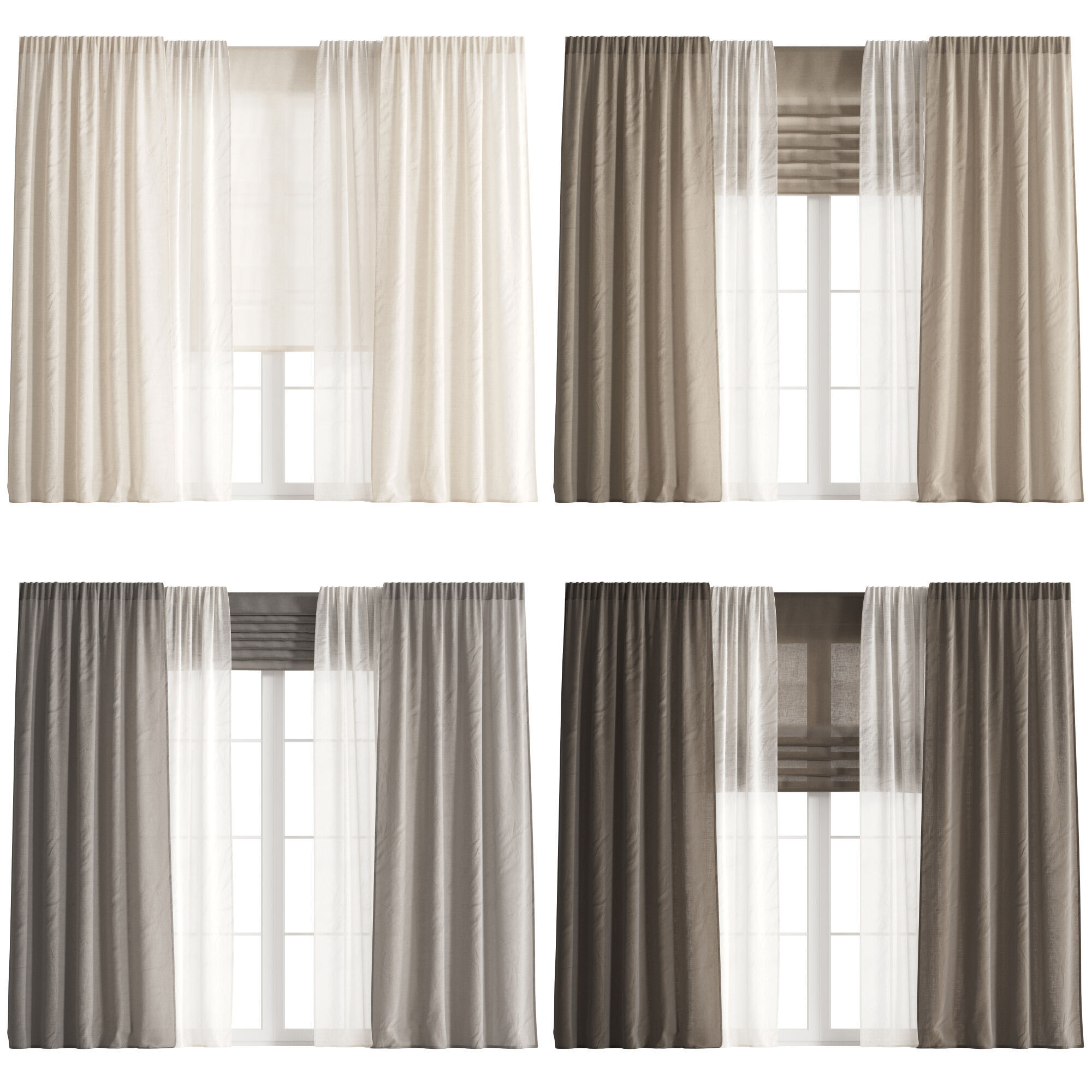 Linen Curtain with Tulle and Roman Blinds set 05 3D model_1