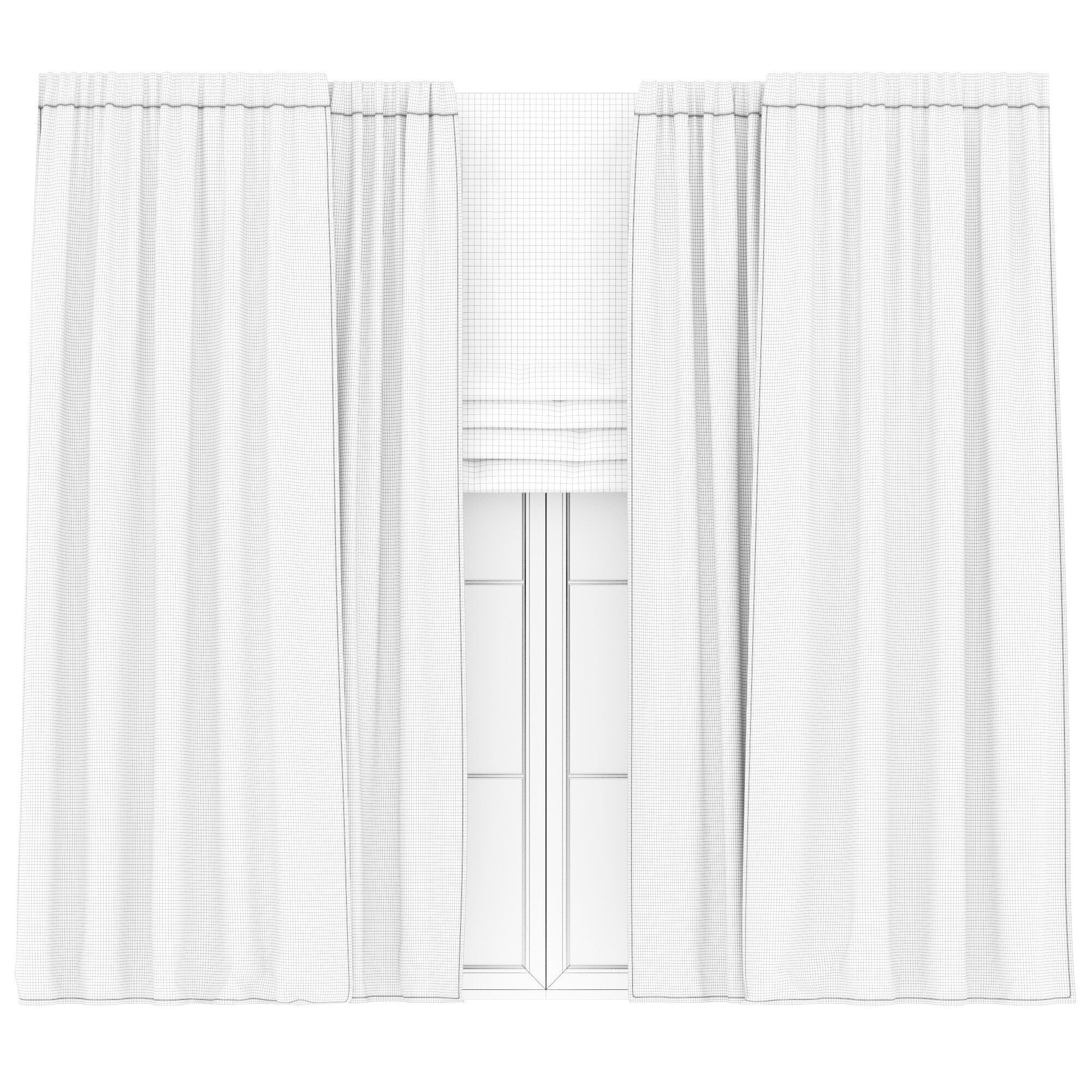 Linen Curtain with Tulle and Roman Blinds set 05 3D model_10