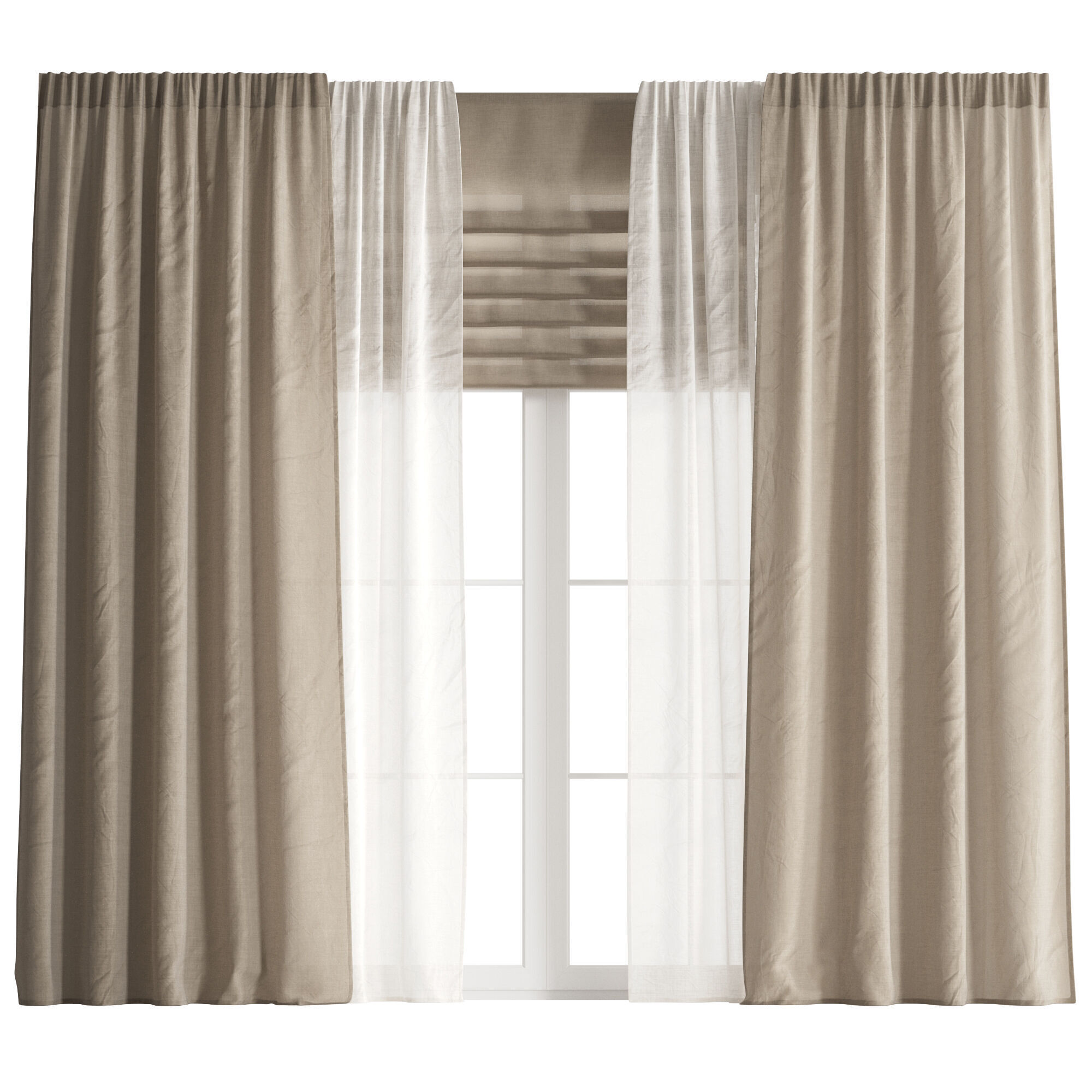 Linen Curtain with Tulle and Roman Blinds set 05 3D model_7