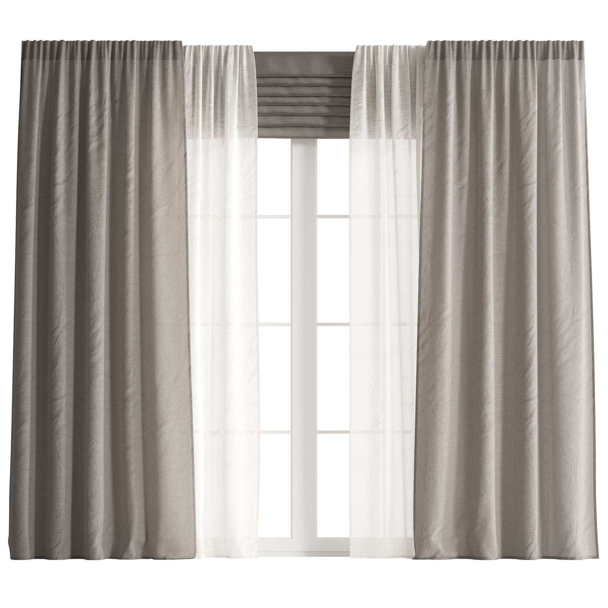 Linen Curtain with Tulle and Roman Blinds set 05 3D model_8