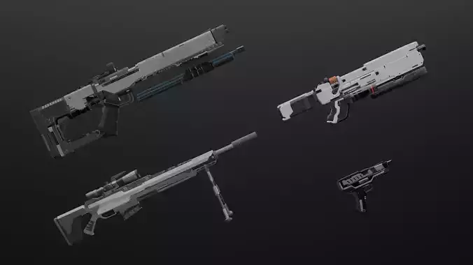 4 RIGGED SCIFI GUNS Low-poly 3D model