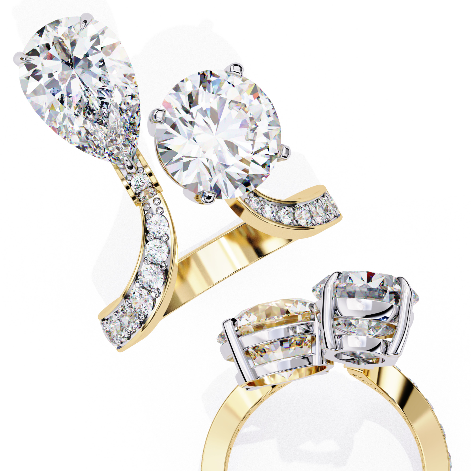 Toi et Moi Solitaire Diamond Ring 360 animation renders 3dm 3D print model_2