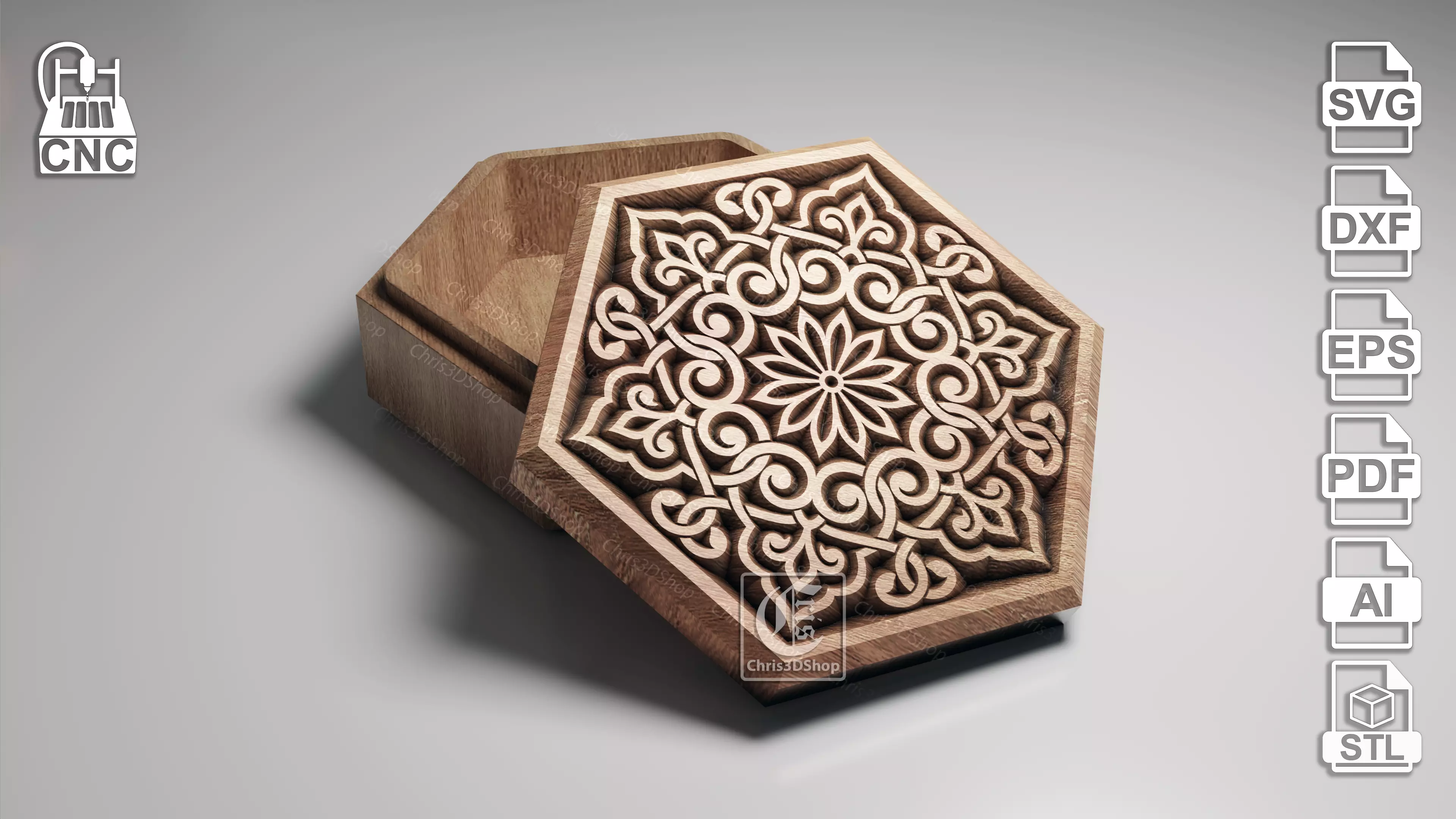 Hexagonal V-Carved Jewelry Box 2 - CNC Files 3D model_0