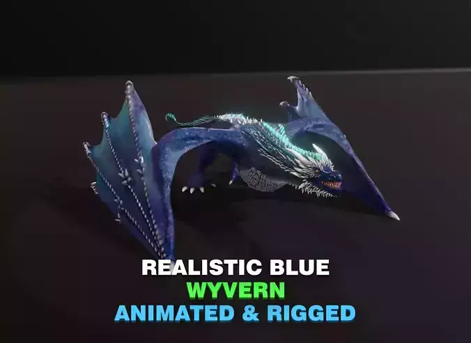 Realistic Blue Wyvern Animated Game-ready 3D Model Low-poly 3D model