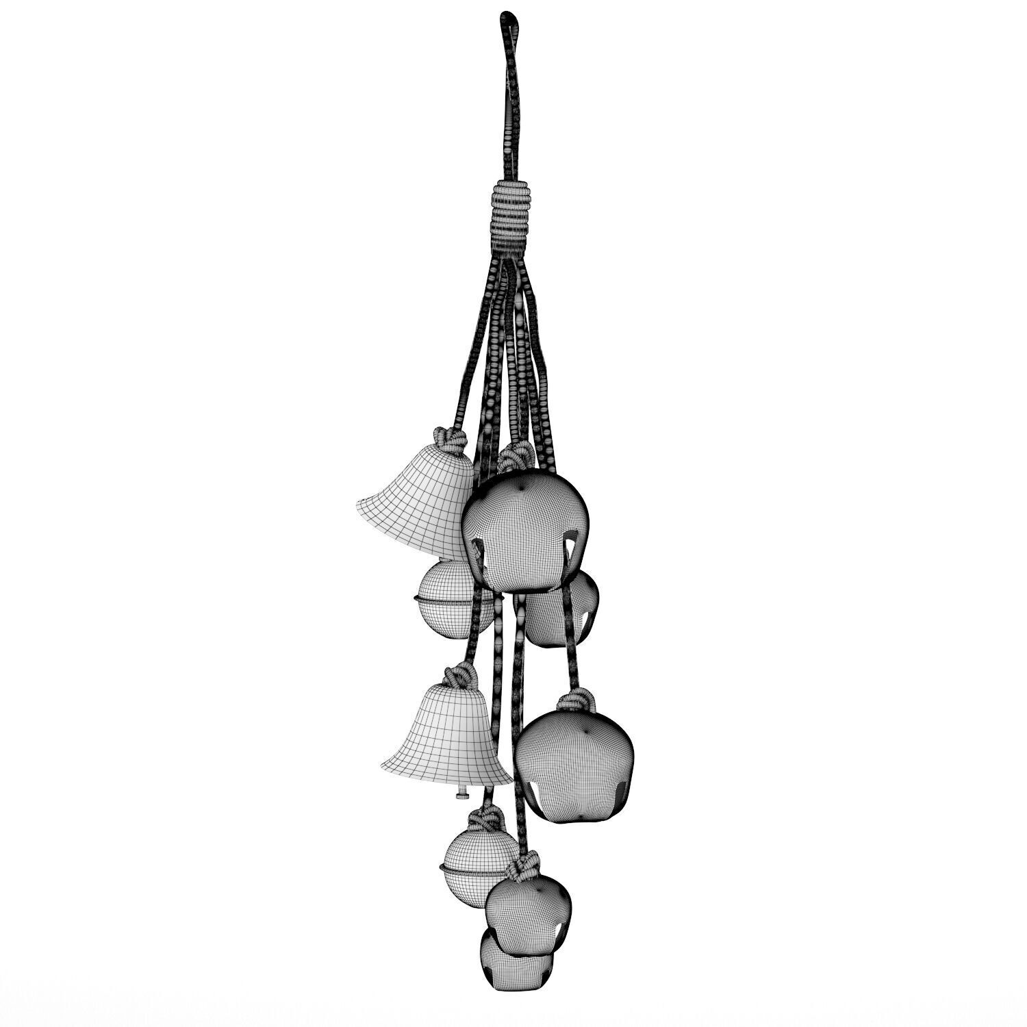 Metal Bell Cluster with Jute Rope 3D model_2
