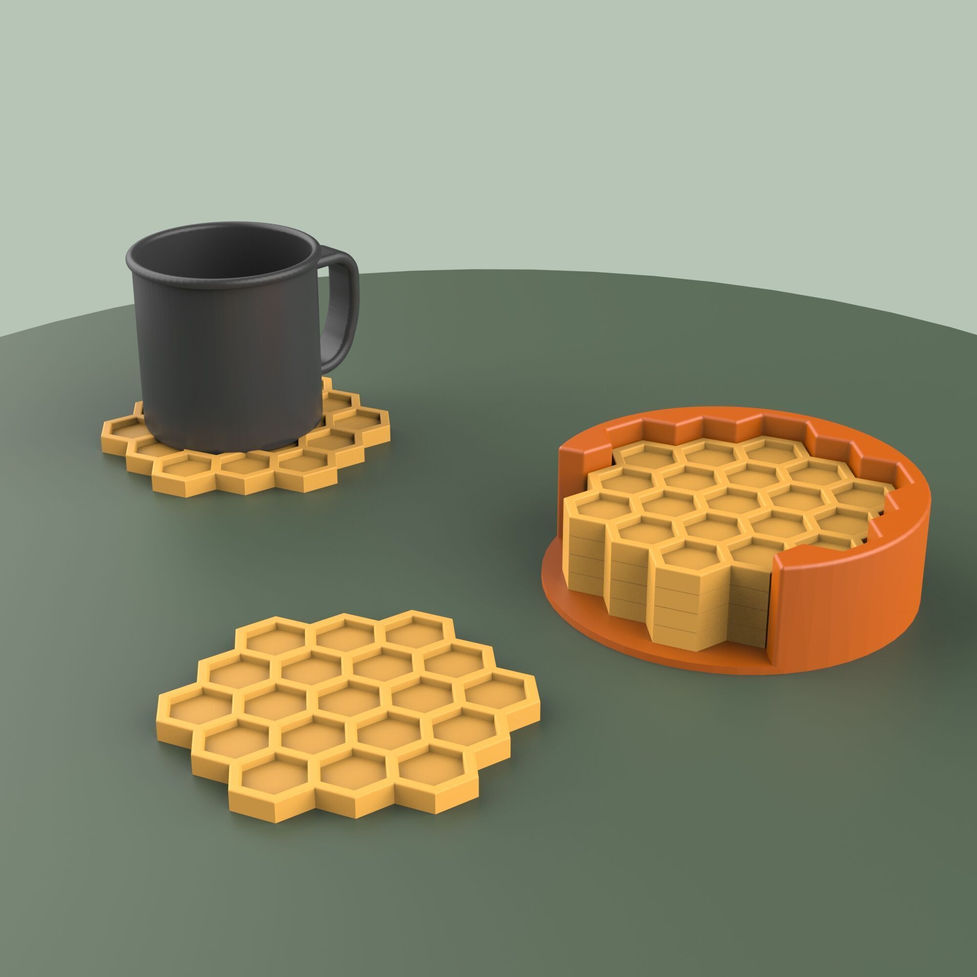 Honeycomb Coaster Set -  4 pcs with Holder - Honey - Bee Theme 3D print model_3