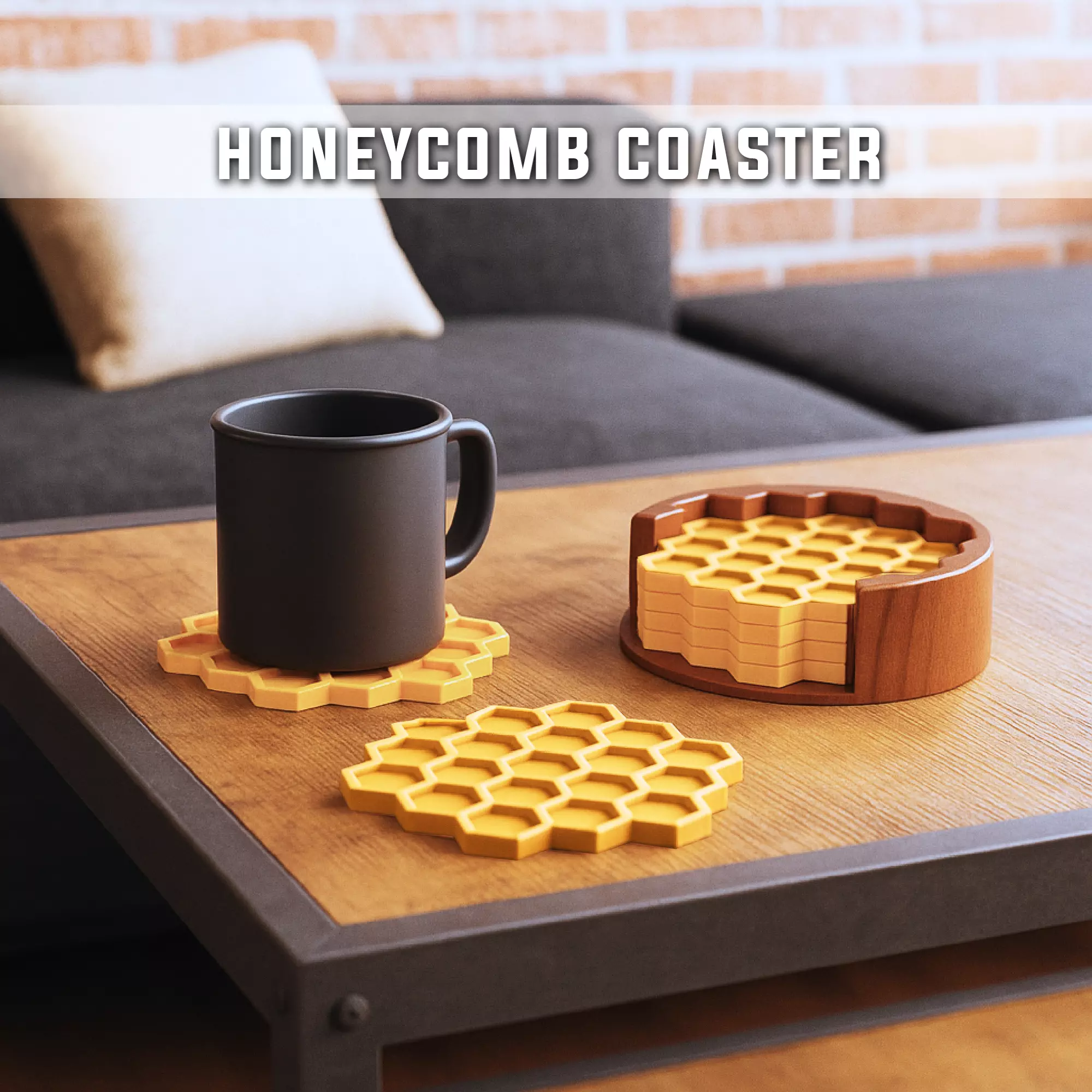 Honeycomb Coaster Set -  4 pcs with Holder - Honey - Bee Theme 3D print model_0