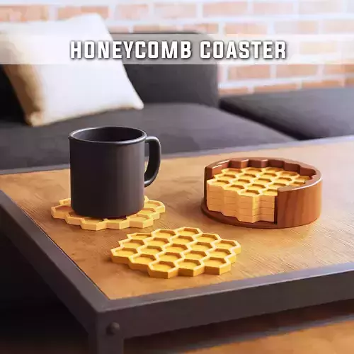 Honeycomb Coaster Set -  4 pcs with Holder - Honey - Bee Theme 3D print model